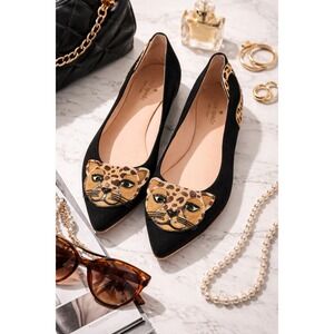 Kate Spade Norman Leopard Cat Face Calf Hair Flats Black Suede Size 8M